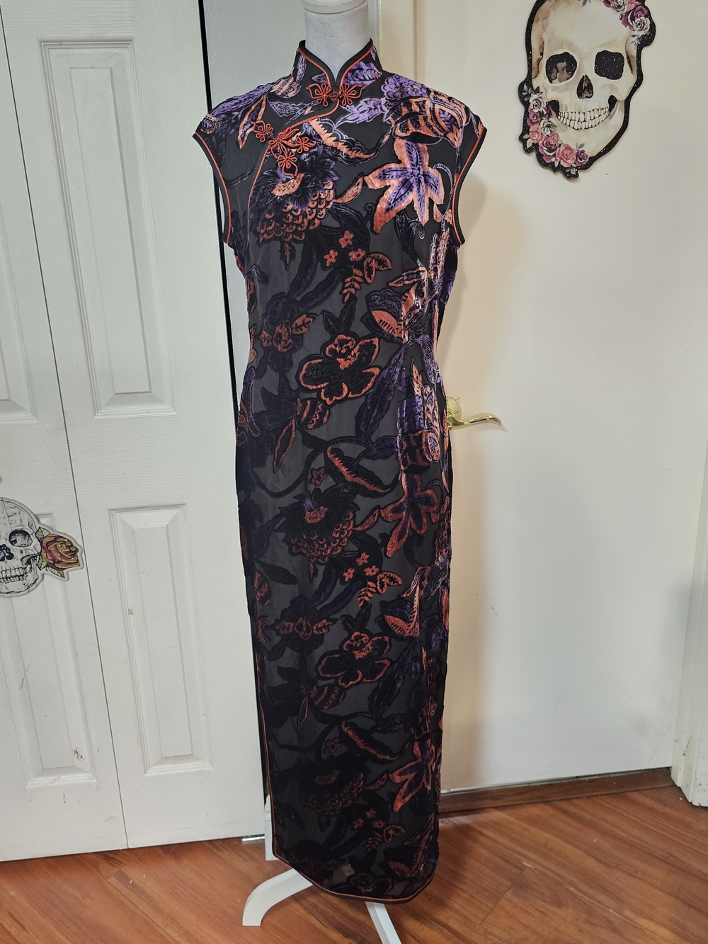 Black Floral Mandarin Collar Cheongsam Dress